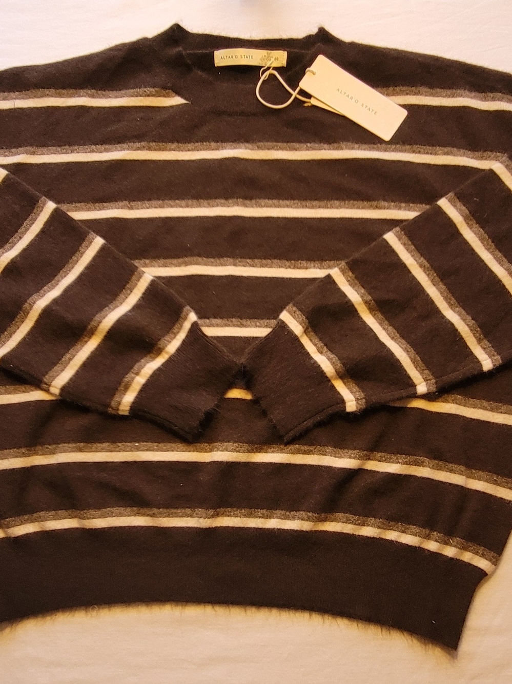 Altar'd State Black Crewneck Sweater with Brown, Cocoa, Beige Stripes